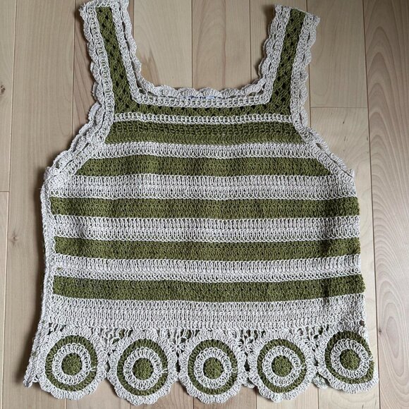 Crochet Tank – Green White Striped, Circle Hem, Boho Festival Top - Picture 2 of 7